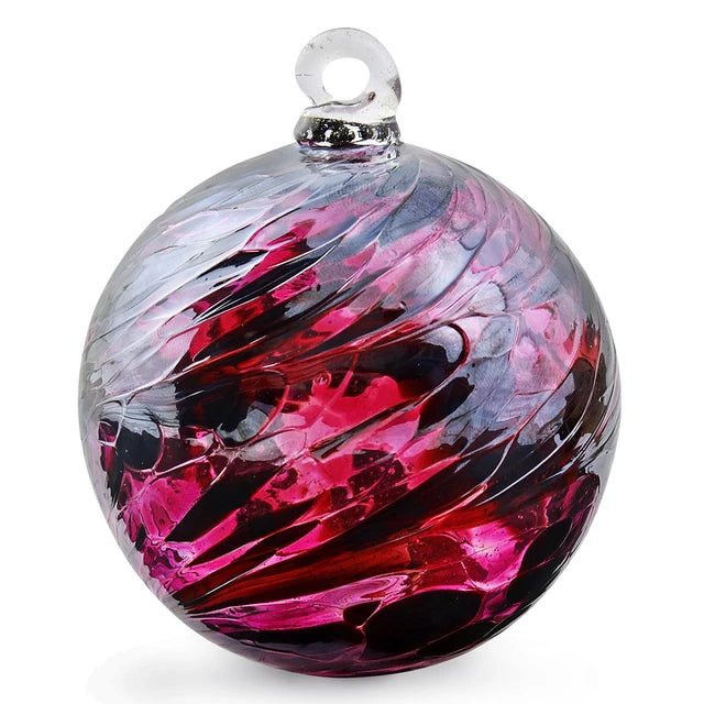 Handcrafted 4” Wine and Rubies Glass Friendship Ball Ornament, 4" in deep wine and vibrant ruby red glass with a luminous iridescent finish.