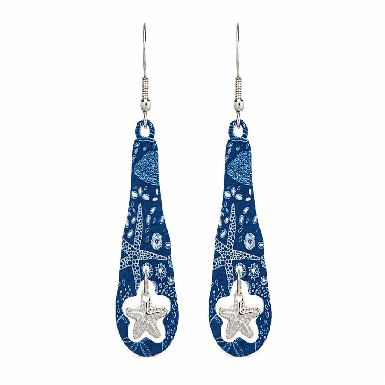 Blue Enamel Starfish Charm Dangle Earrings