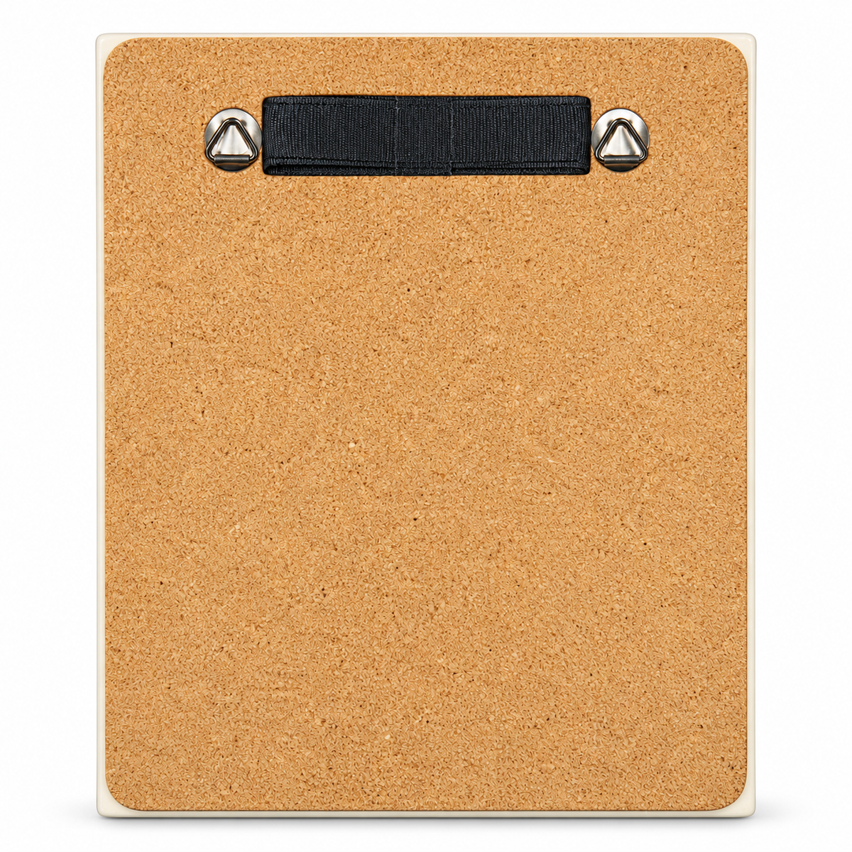 Back view of ceramic art tile featuring a cork lining and ribbon