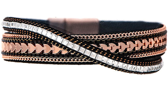 Black Silver Crystal Crossover Magnetic Clasp Bracelet