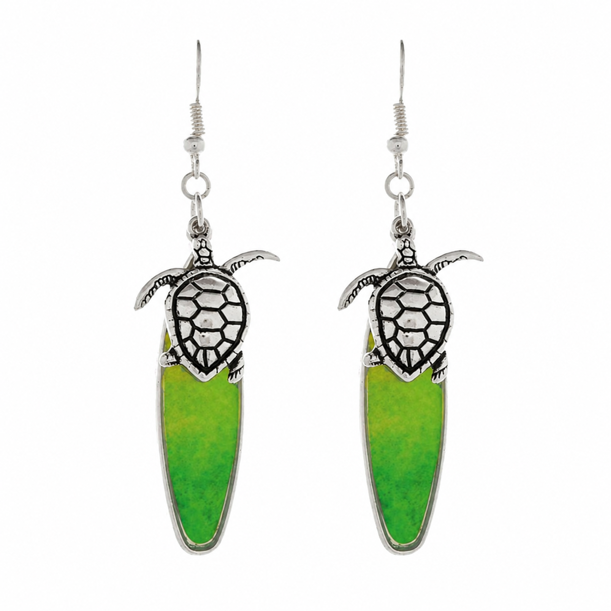 Pendientes de tortuga surfera de color verde plateado