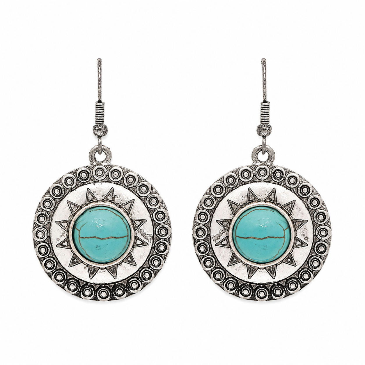 Pair of antiqued silver-tone sunburst earrings with turquoise-colored centers
