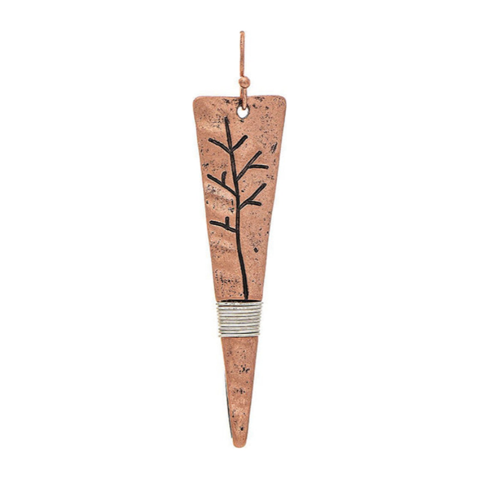 Copper-tone tapered drop earring with etched tree and silver-tone wire wrap