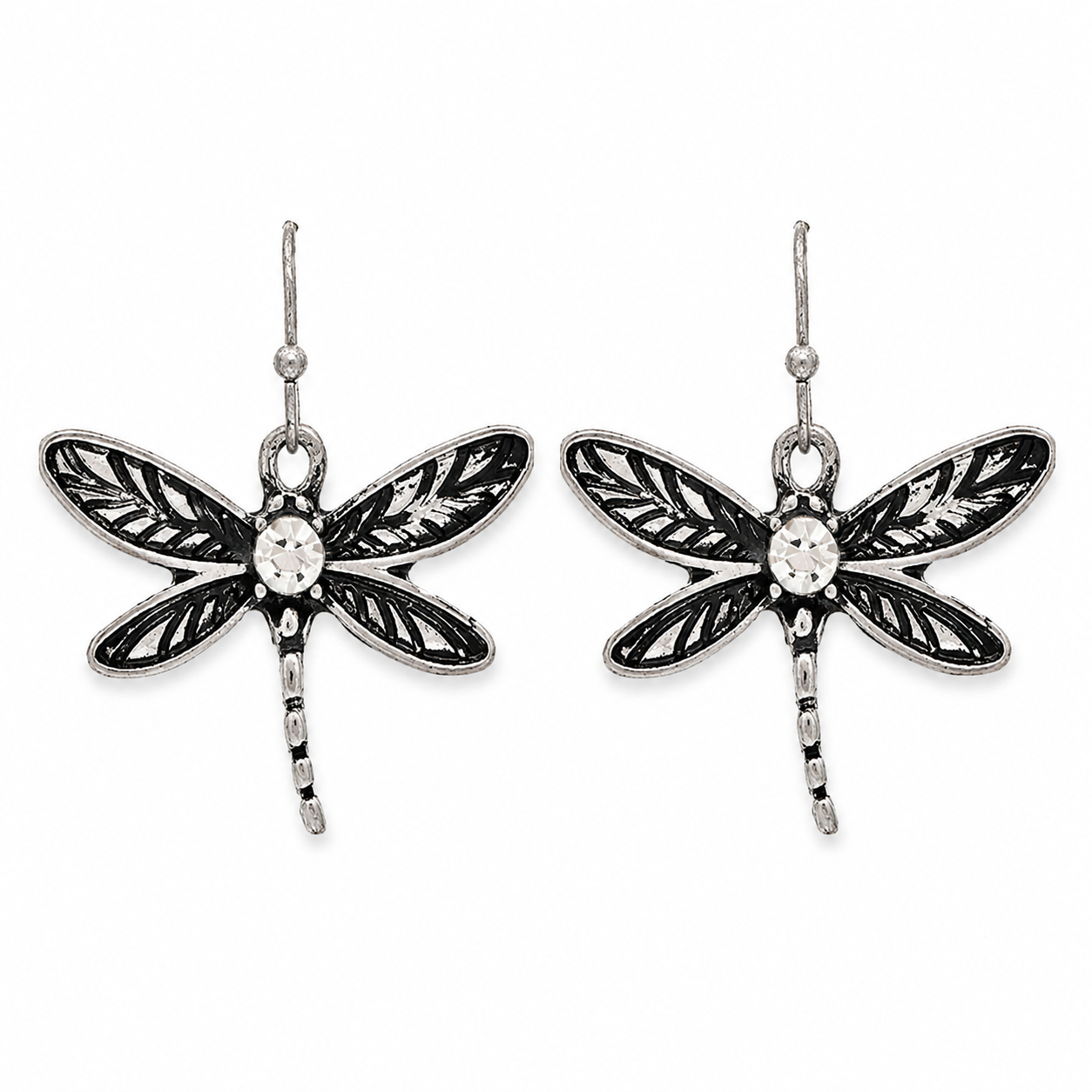 Antiqued Silver Dragonfly Crystal Earrings
