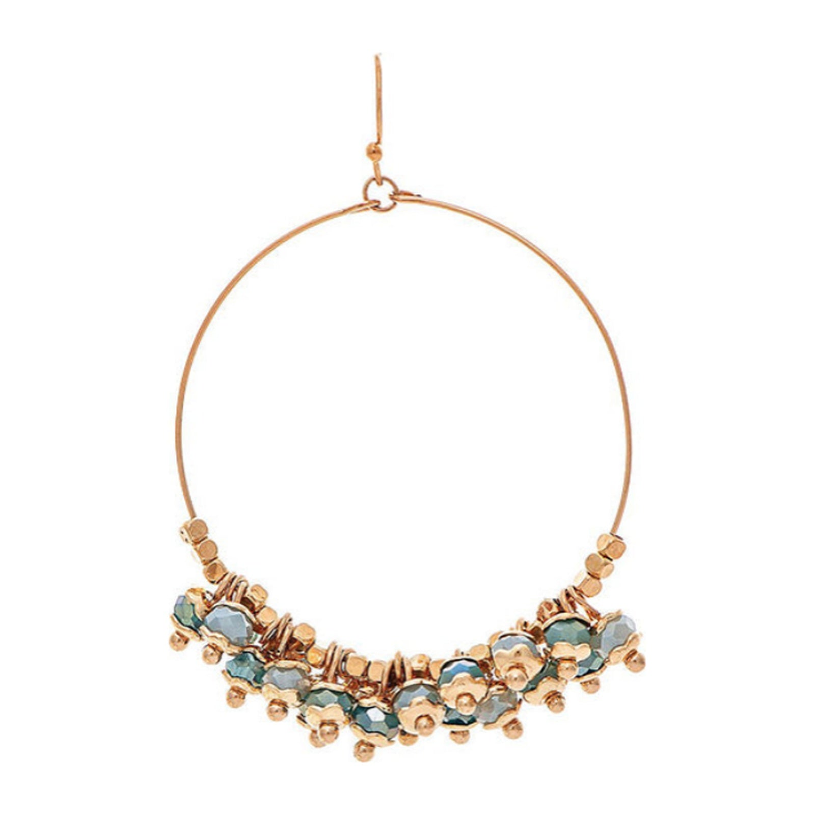 Gold-tone hoop earring with faceted blue crystal bead fringe