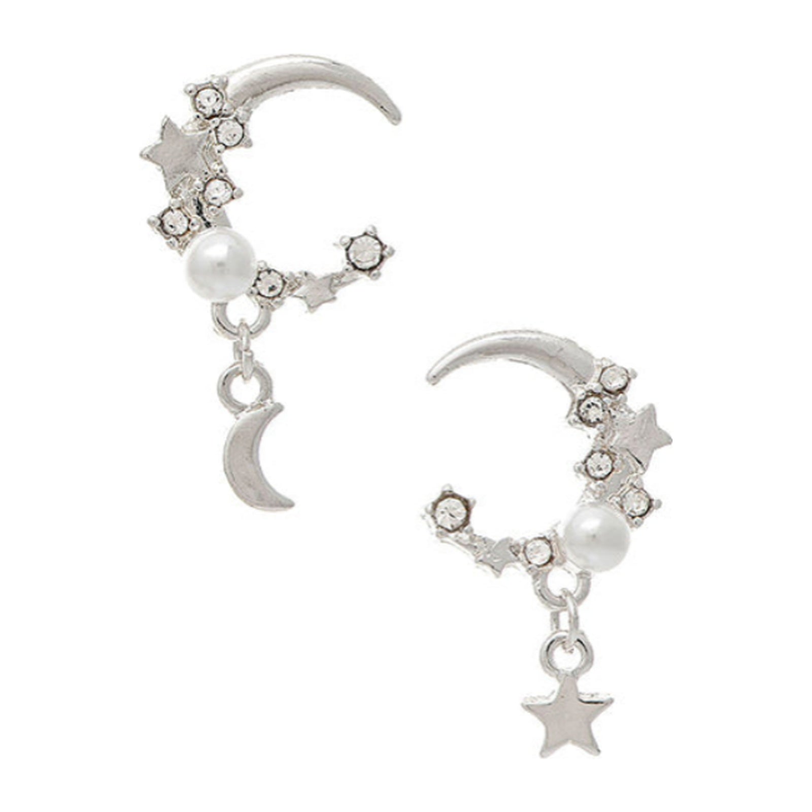 Silver-tone crystal celestial post earrings with pearl-like accents and dangling moon and star charms