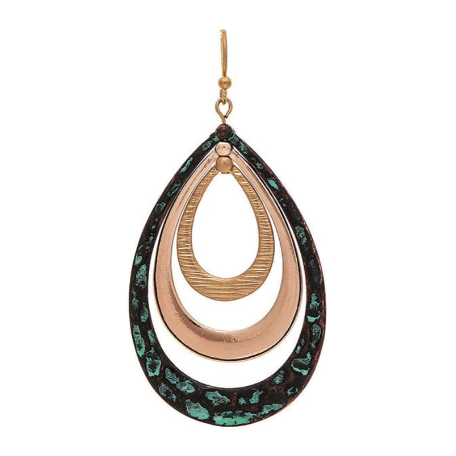 Layered patina, copper and gold-tone teardrop earrings