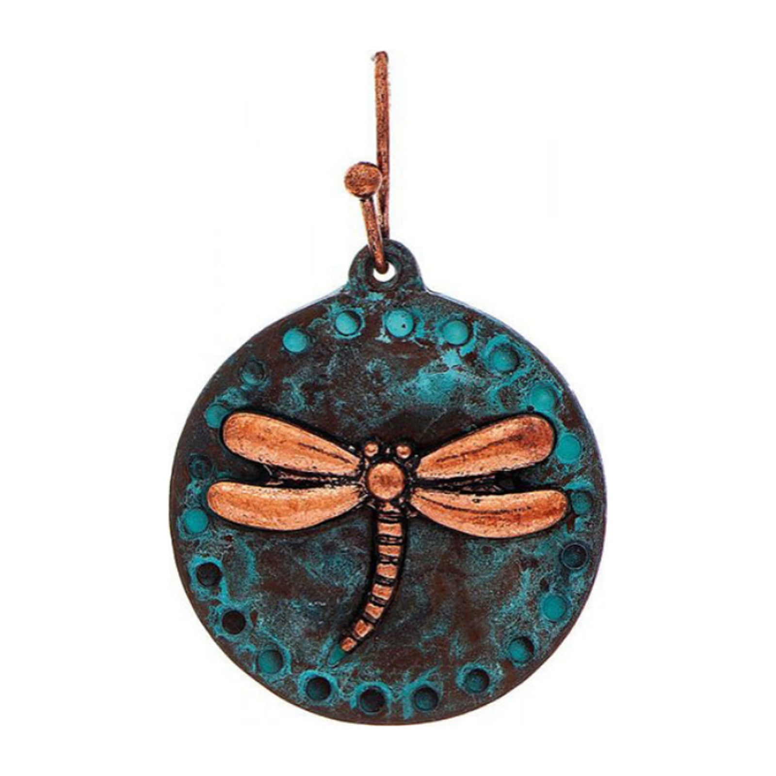 Blue-green patina disc earring with raised copper-tone dragonfly