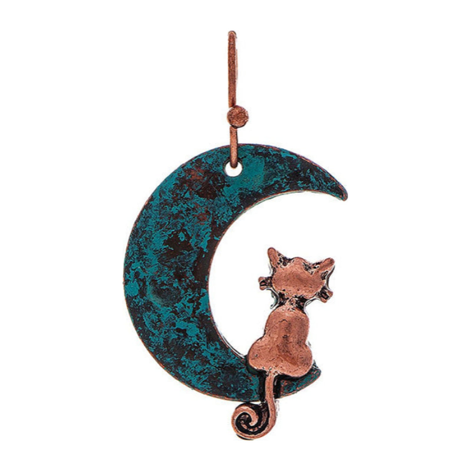 Blue-green patina crescent moon earring with copper-tone cat