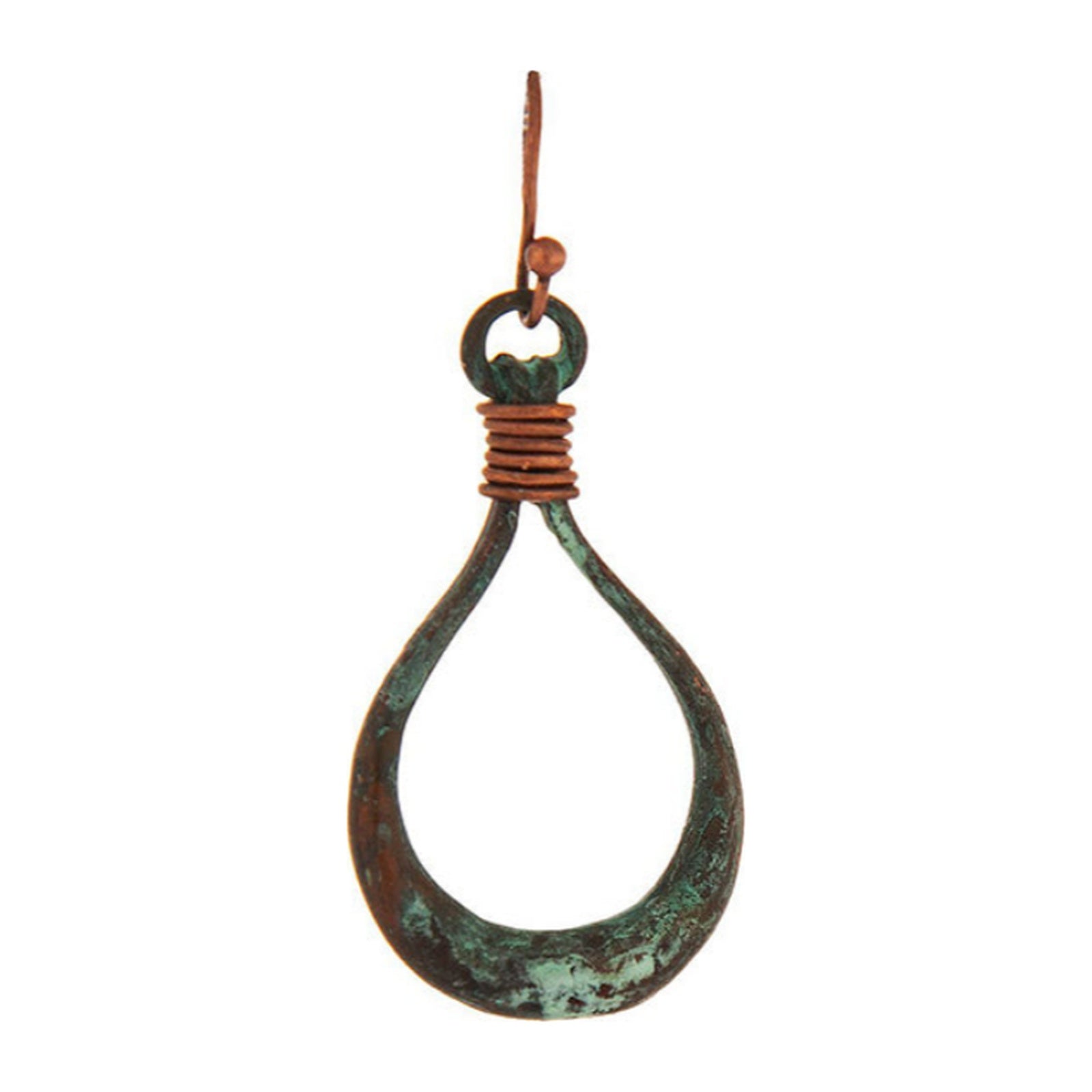 Blue-green patina teardrop earring with copper wire-wrapped accent