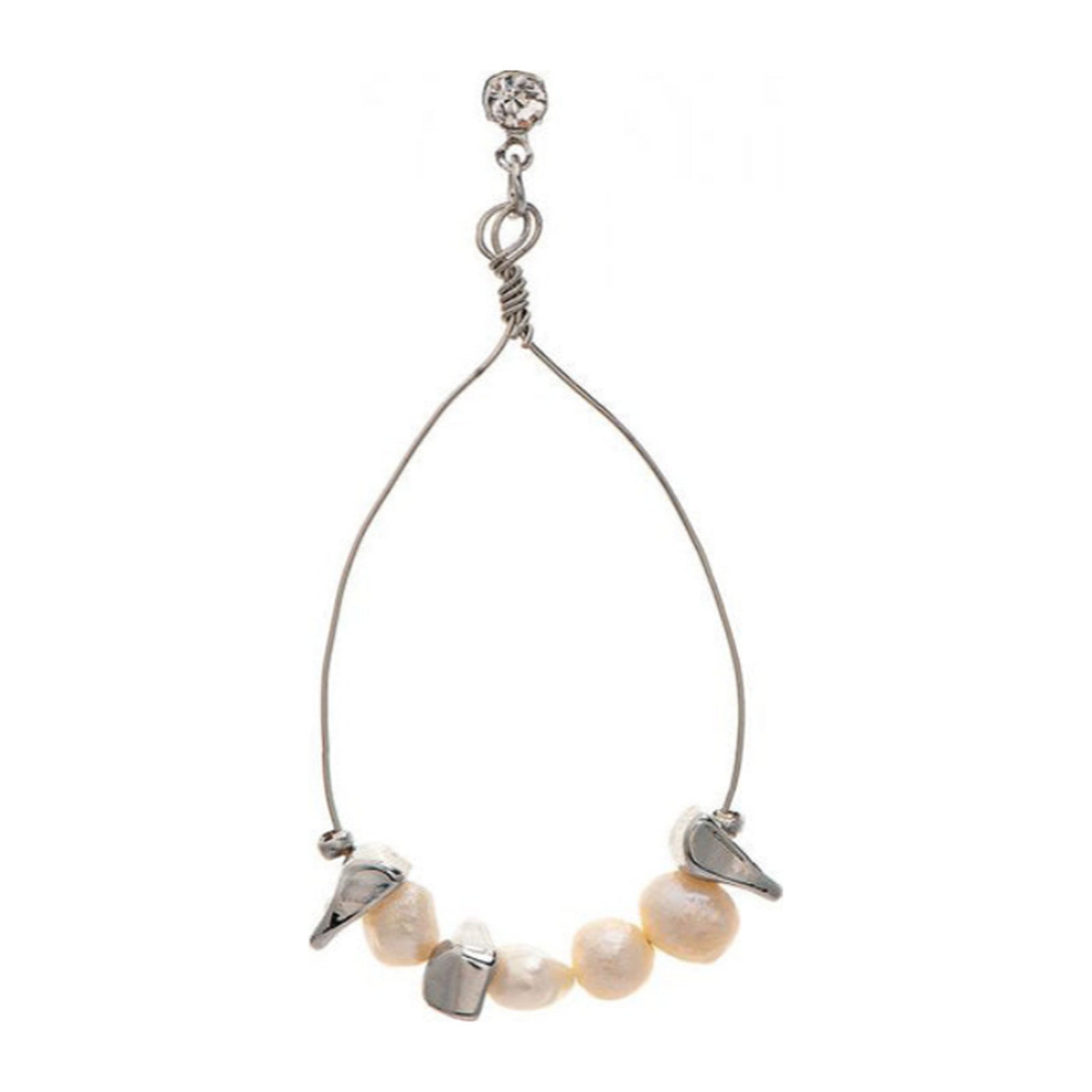 Freshwater pearl and silver-tone bead teardrop earring on slender wire frame