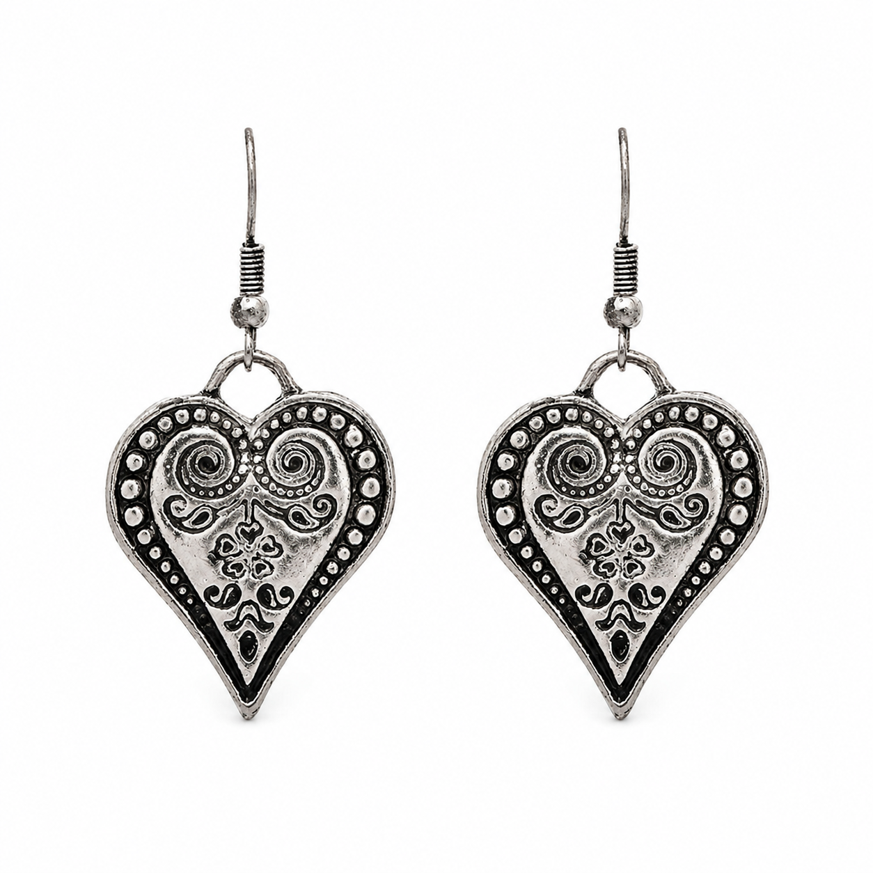 Antiqued Silver Scrollwork Heart Earrings