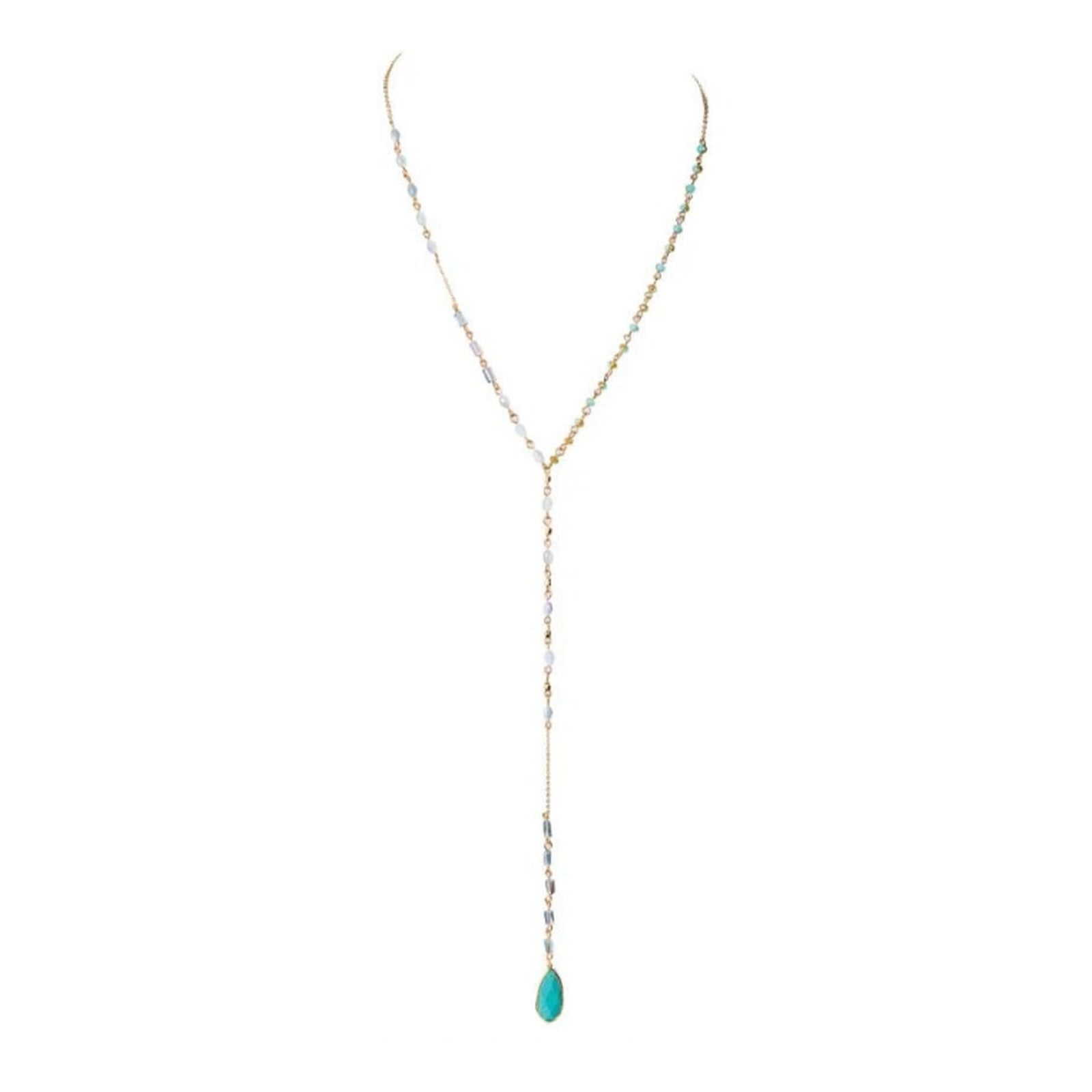 Collar con gemas turquesas y cuentas blancas doradas