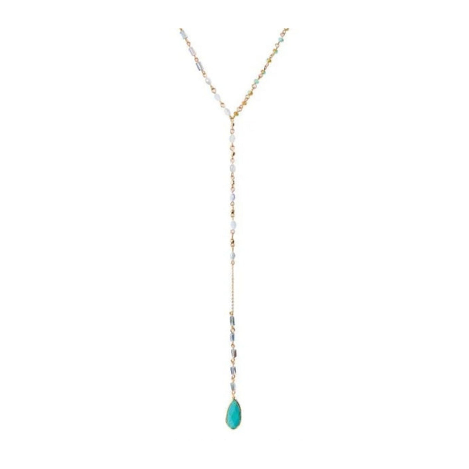 Collar con gemas turquesas y cuentas blancas doradas