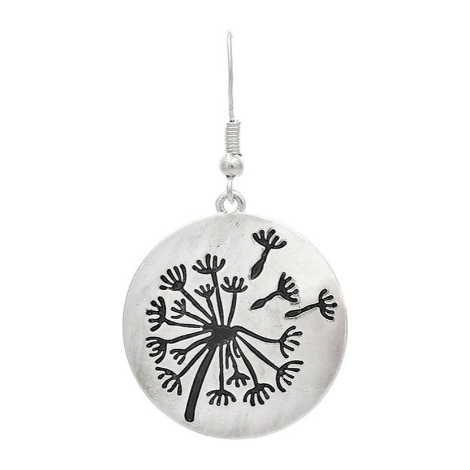 Silver-tone round dandelion wish earrings with etched seed design