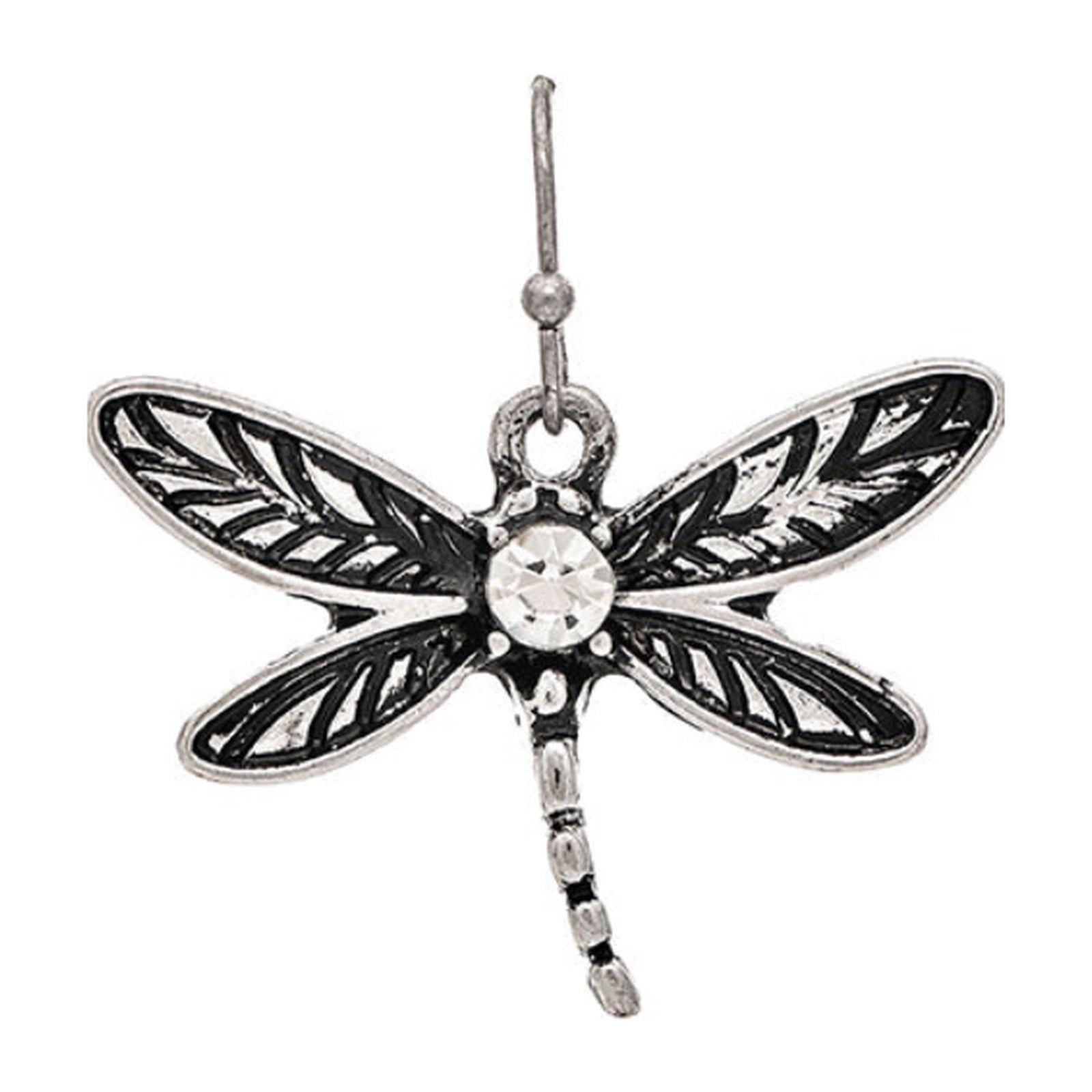 Antiqued silver-tone dragonfly earrings with clear crystal center and detailed wings