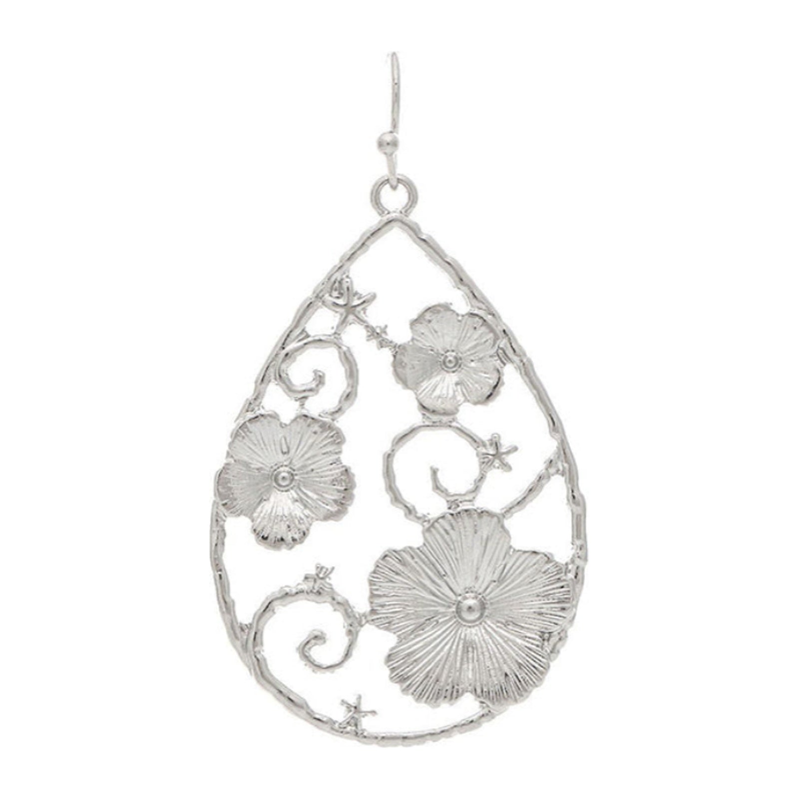 Silver-tone floral filigree teardrop earrings with openwork vines