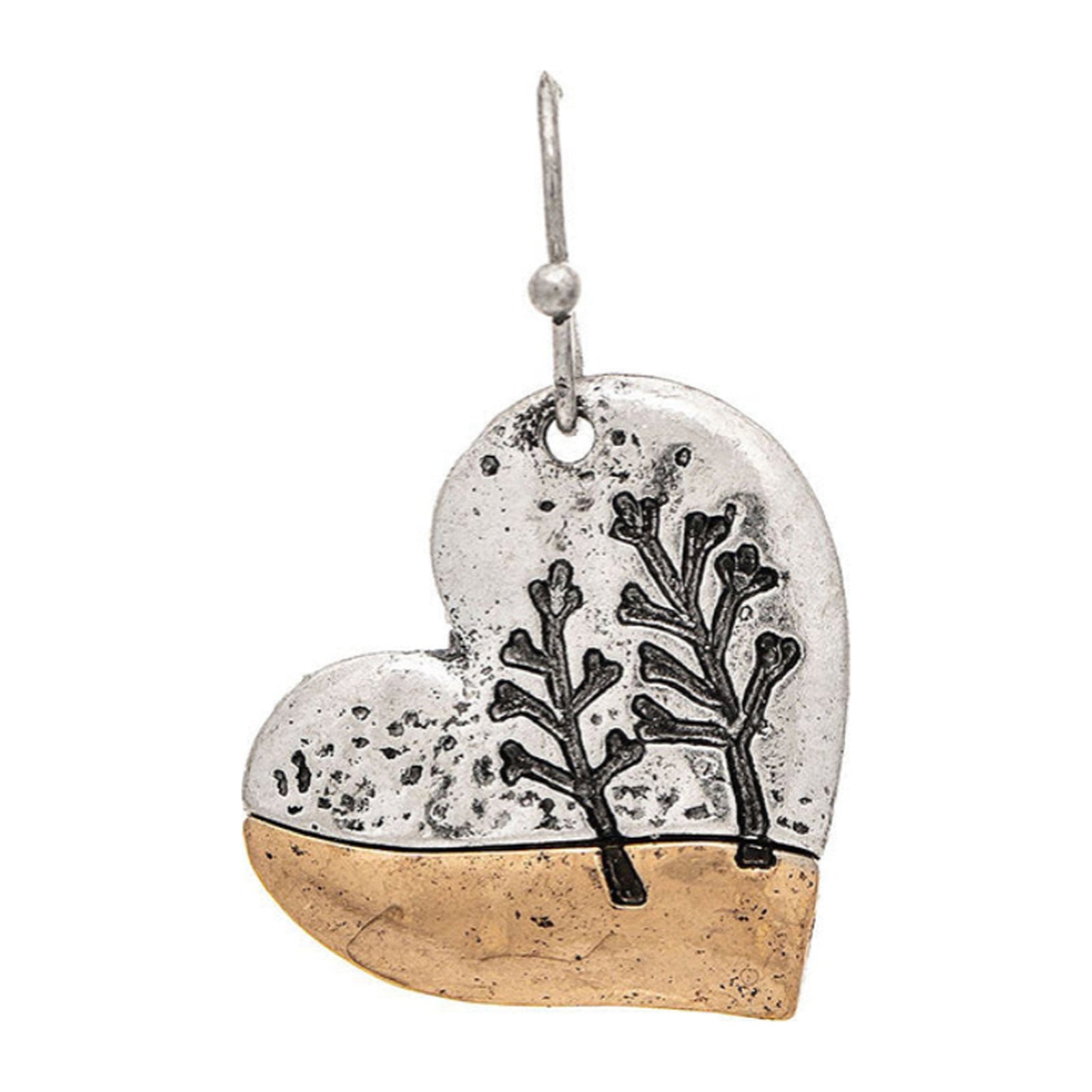 Silver and gold-tone heart drop earrings with botanical branch detailing