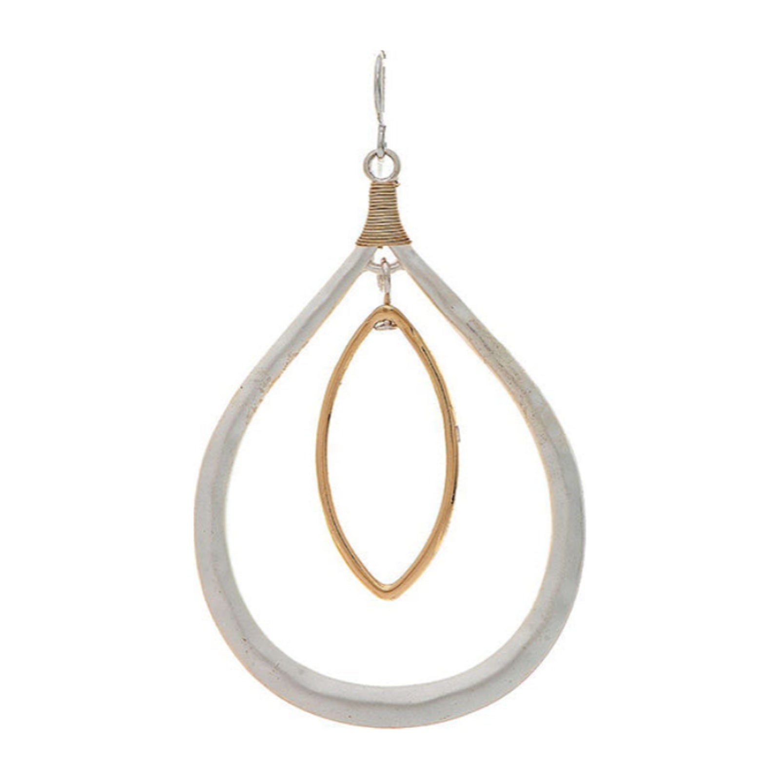 Silver and gold-tone wire-wrapped teardrop earrings with open ellipse center