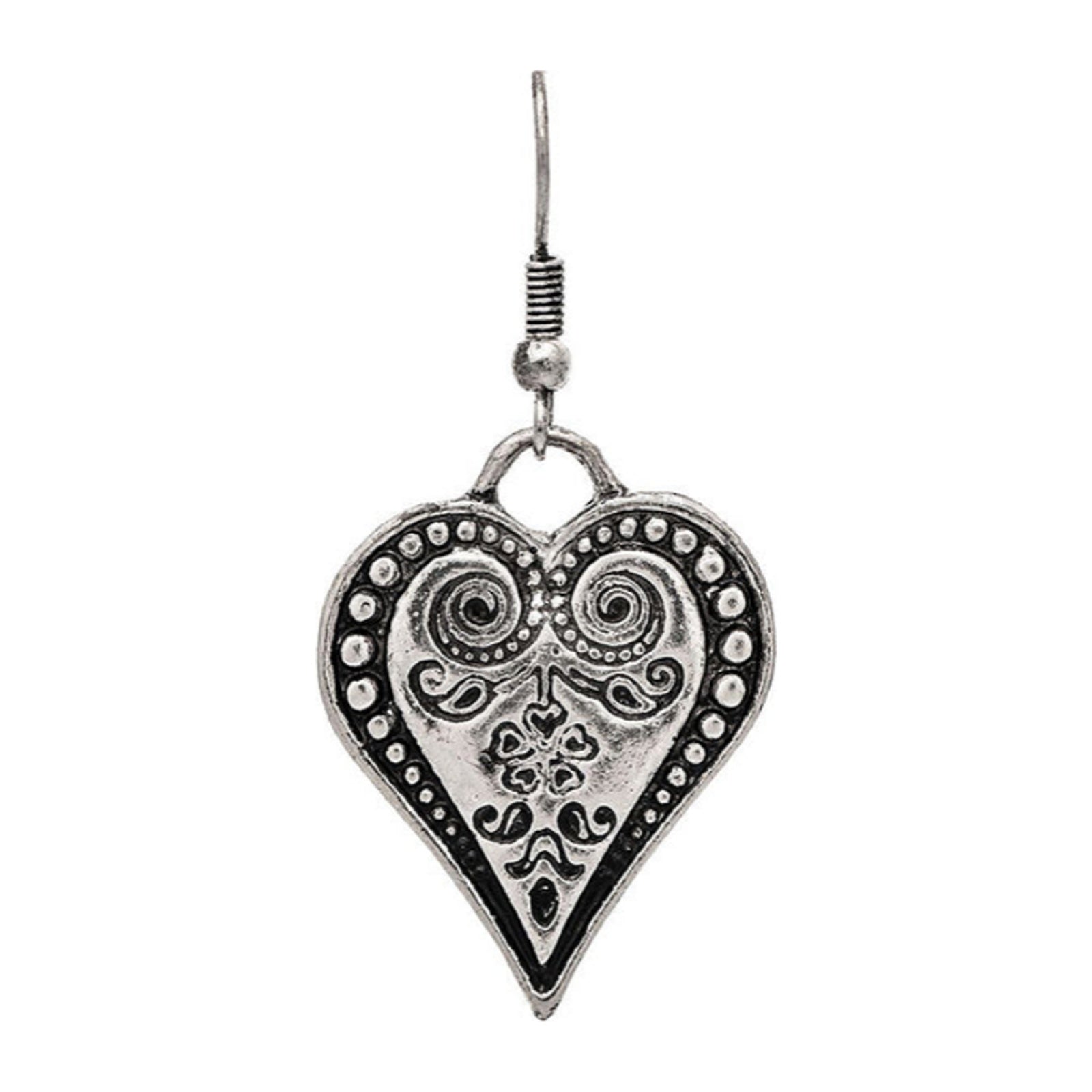 Antiqued silver-tone heart drop earrings with ornate scrollwork and floral detailing