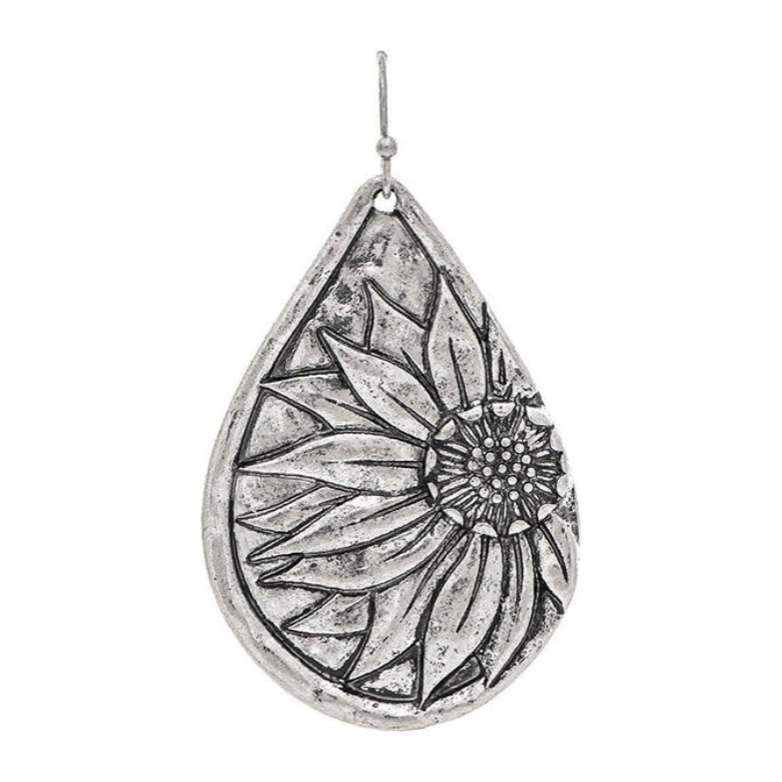 Antiqued silver-tone teardrop earrings with raised daisy floral design