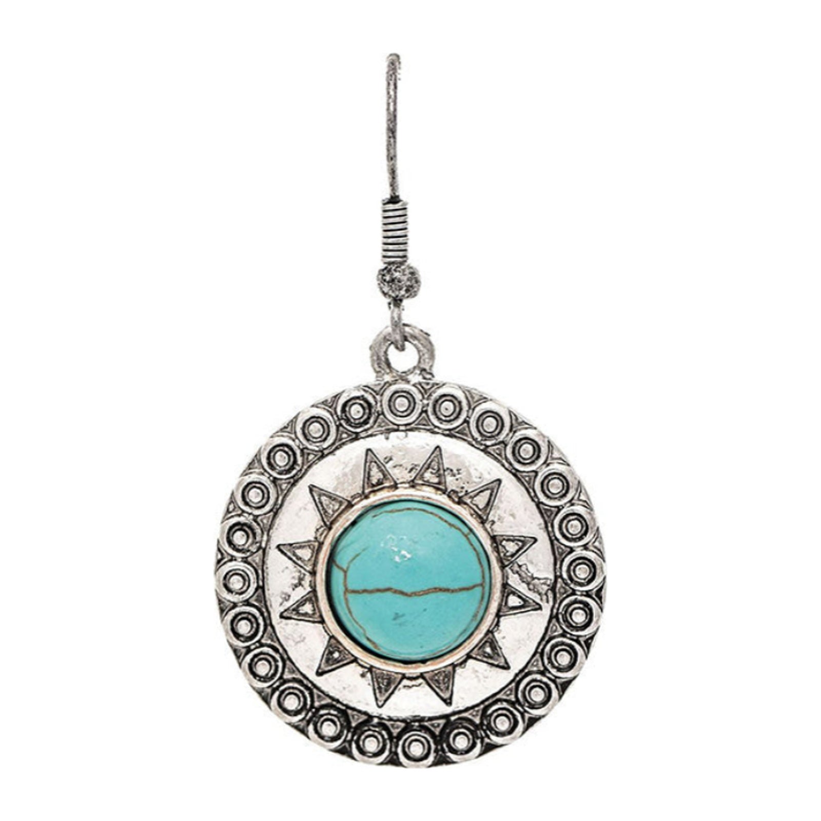 Antiqued silver-tone sunburst earring with turquoise-colored center