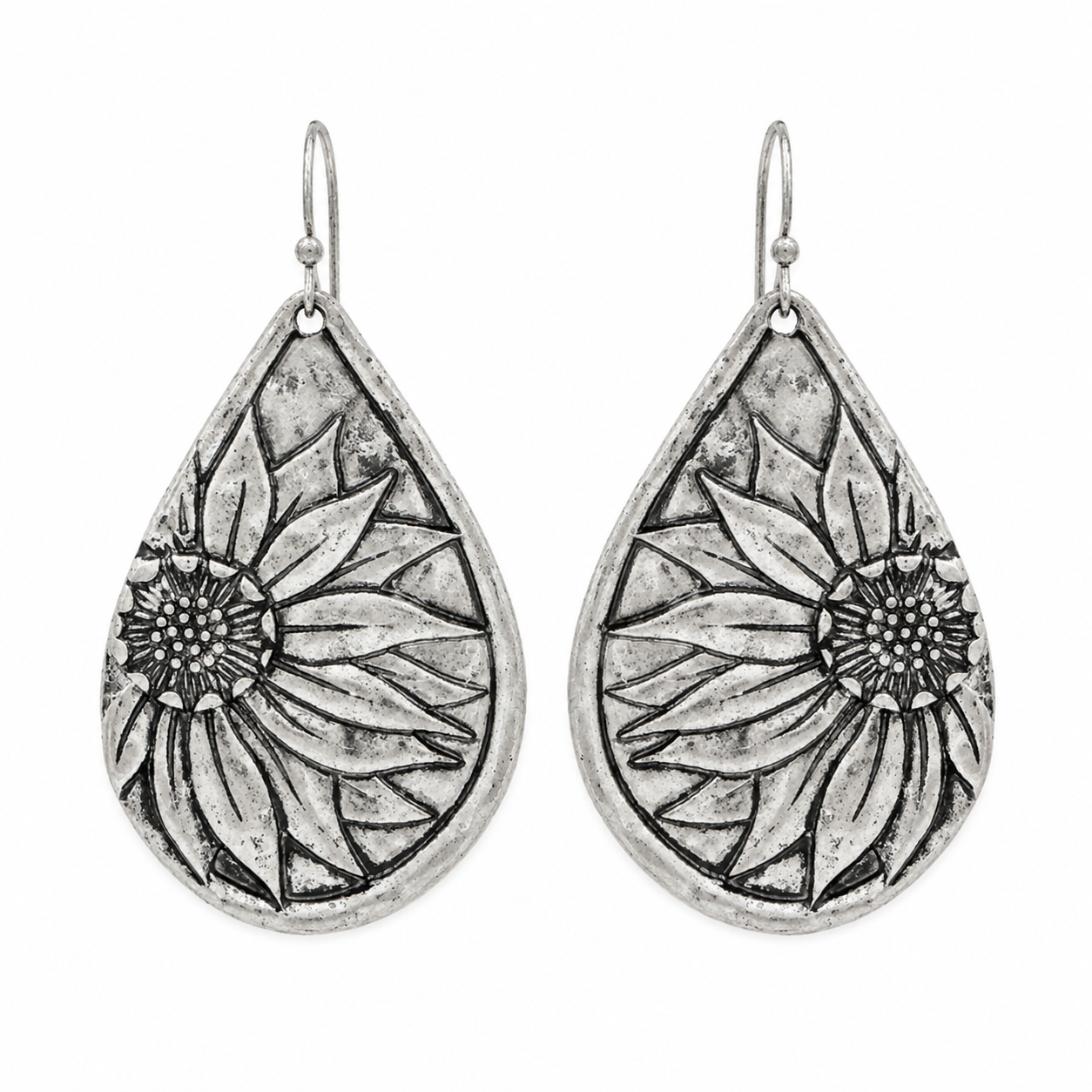 Antiqued Silver Daisy Teardrop Earrings