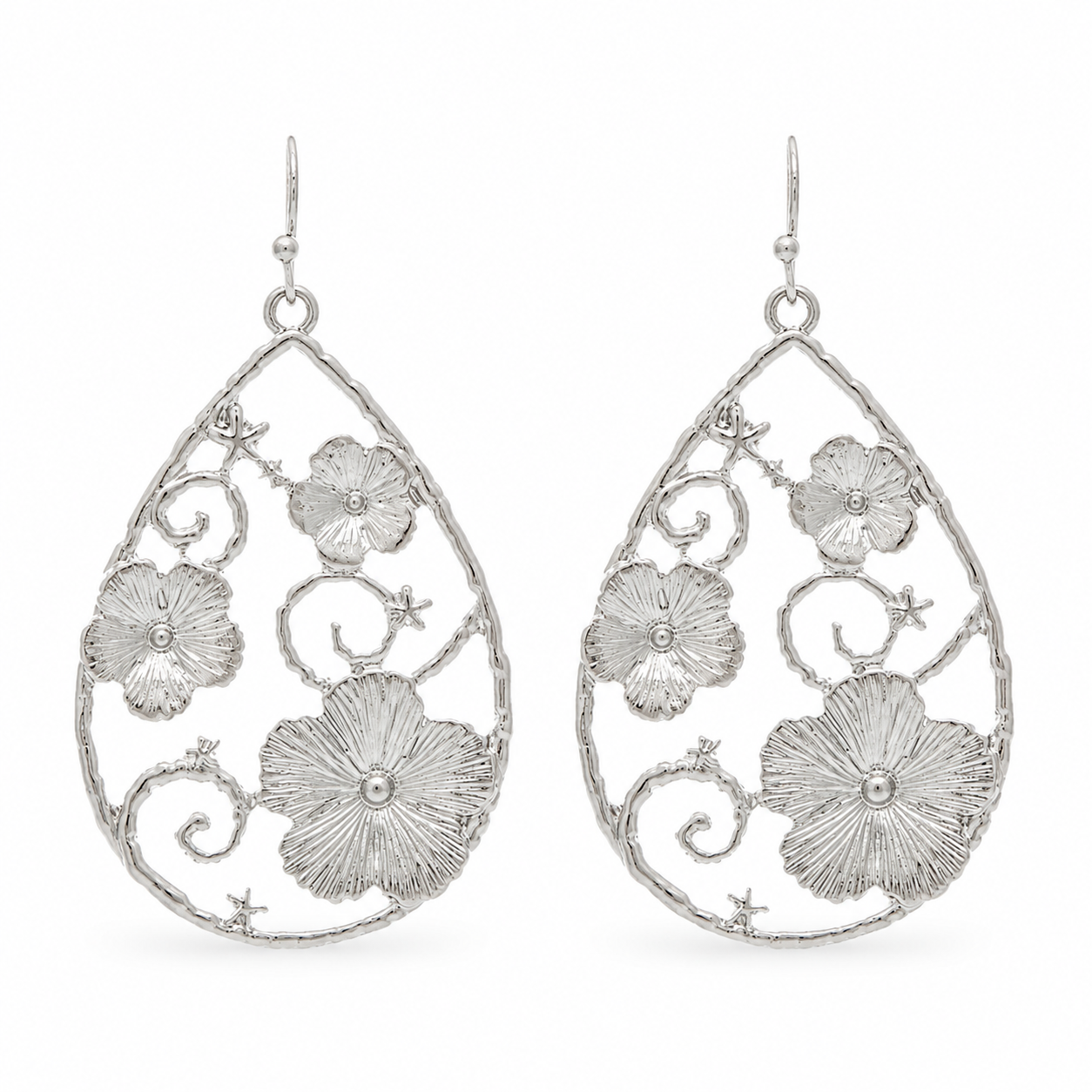 Silver Floral Filigree Teardrop Earrings