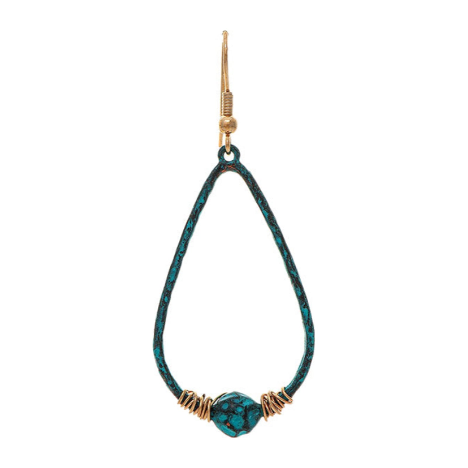 Blue-green patina teardrop earring with gold-tone wire accents