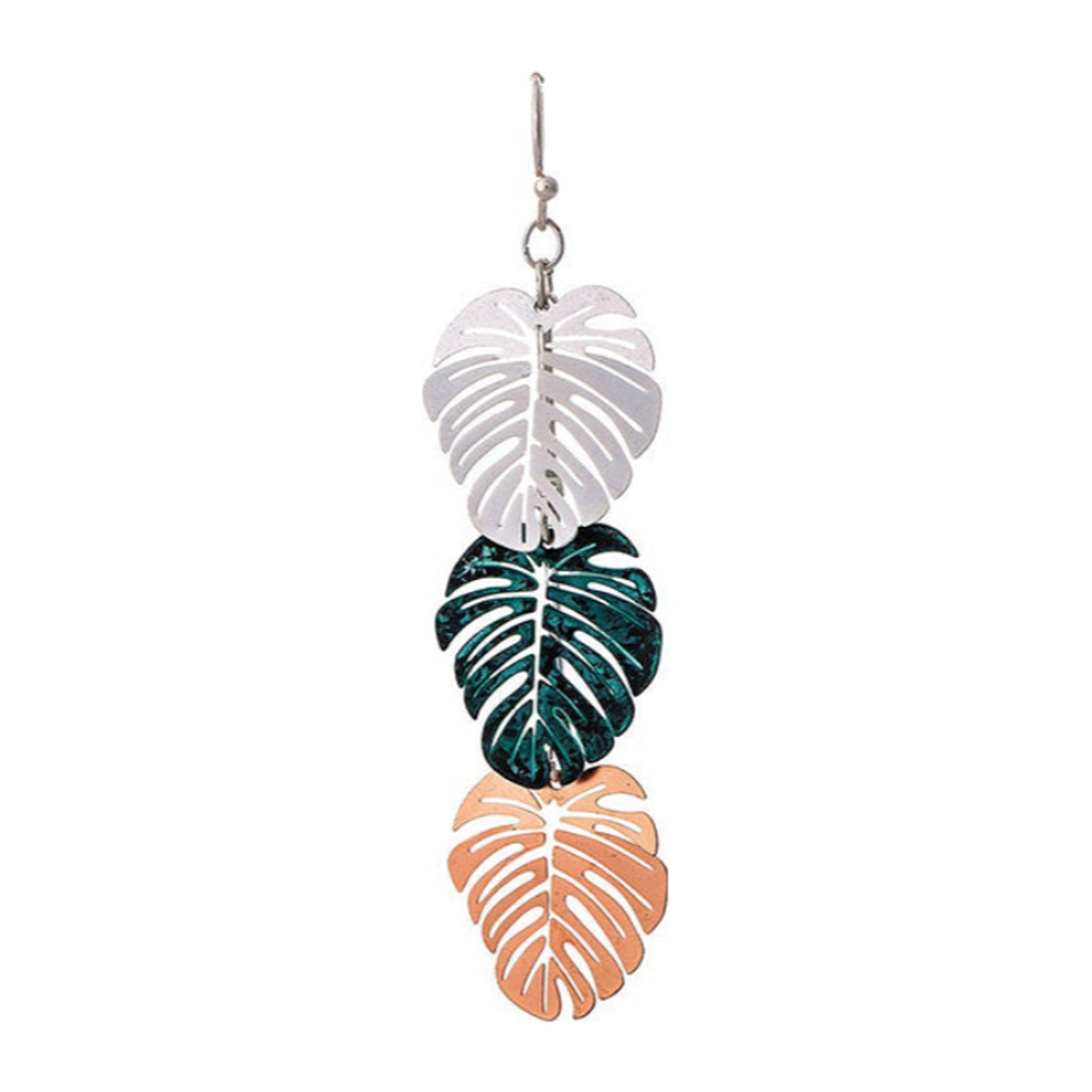 Silver patina and copper triple monstera leaf drop earring