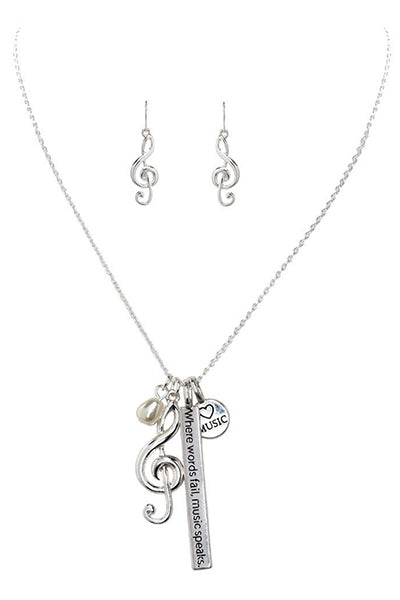 Silver Music Note Inspirational Charm Necklace Set