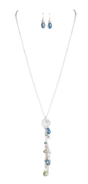 Silver Glass Drop Tassel Necklace Set